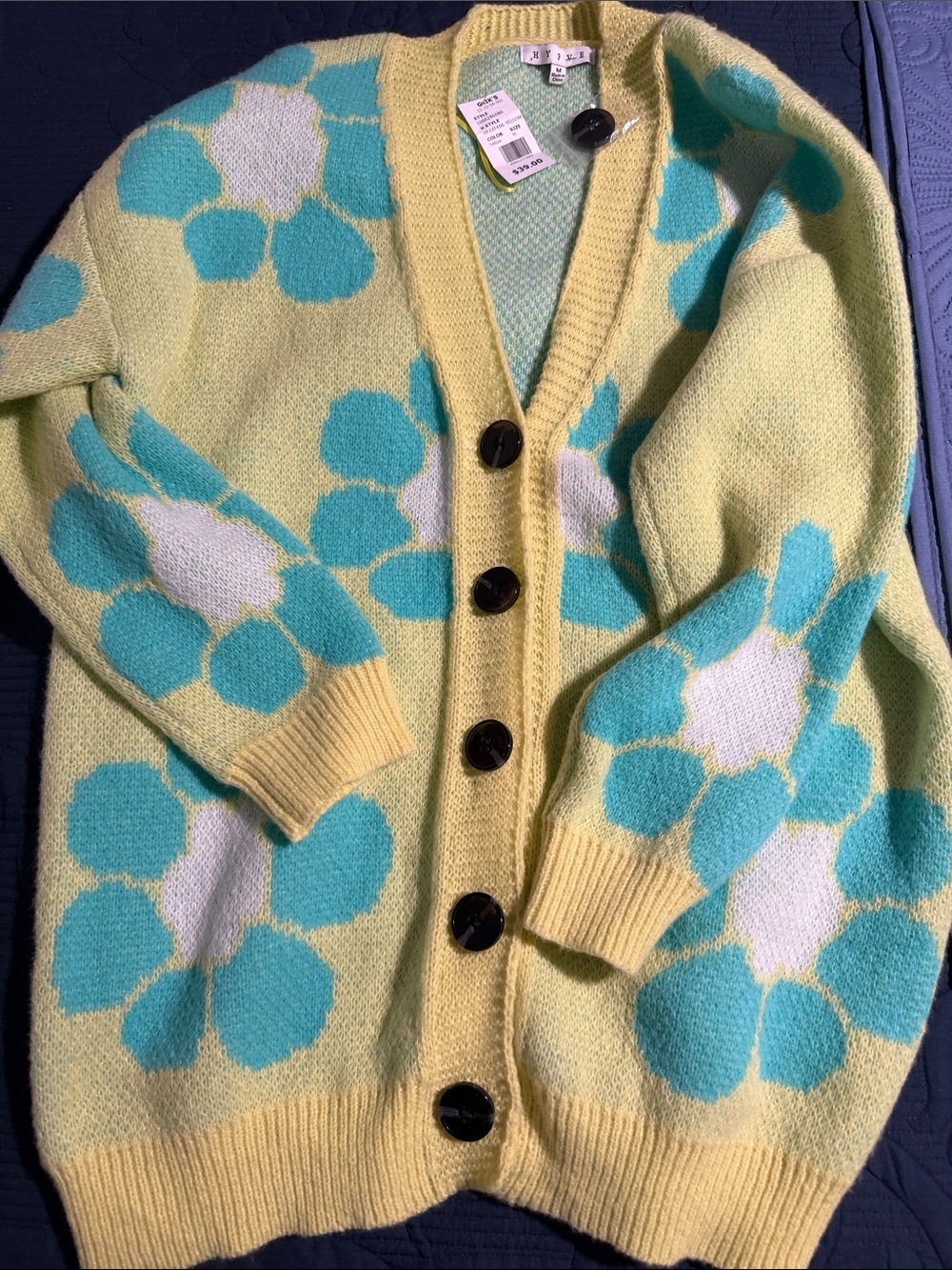 HYFVE yellow and teal floral oversized cardigan with large black buttons size M